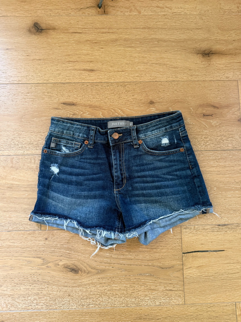 Just USA Indigo Distressed Frayed Hem Mid-Rise Denim Shorts